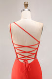 Orange One Shoulder Ruched Prom Dress with Slit