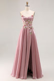 Strapless Grey Pink Corset A Line Appliqued Prom Dress