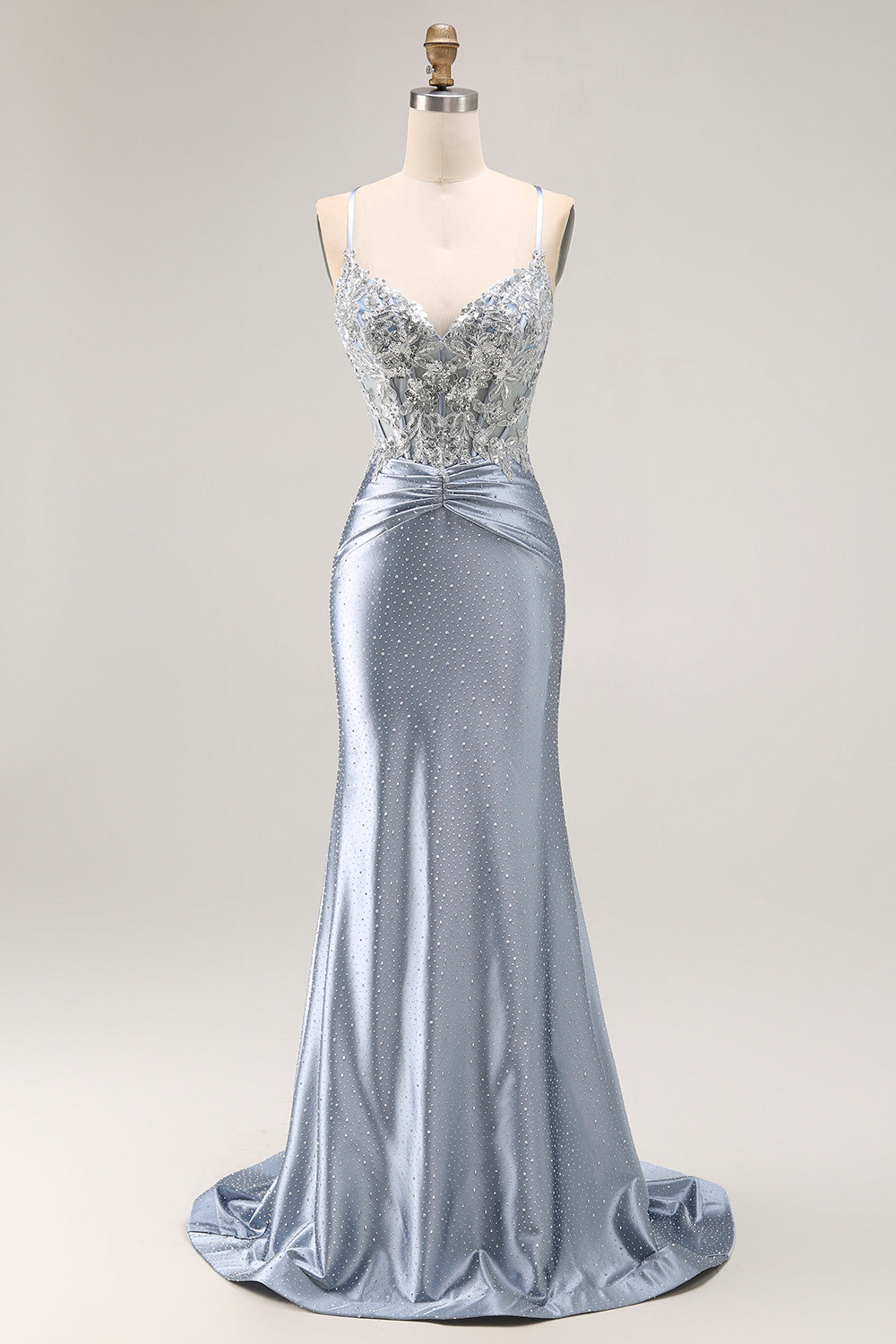 Grey Blue Corset Appliqued Mermaid Prom Dress