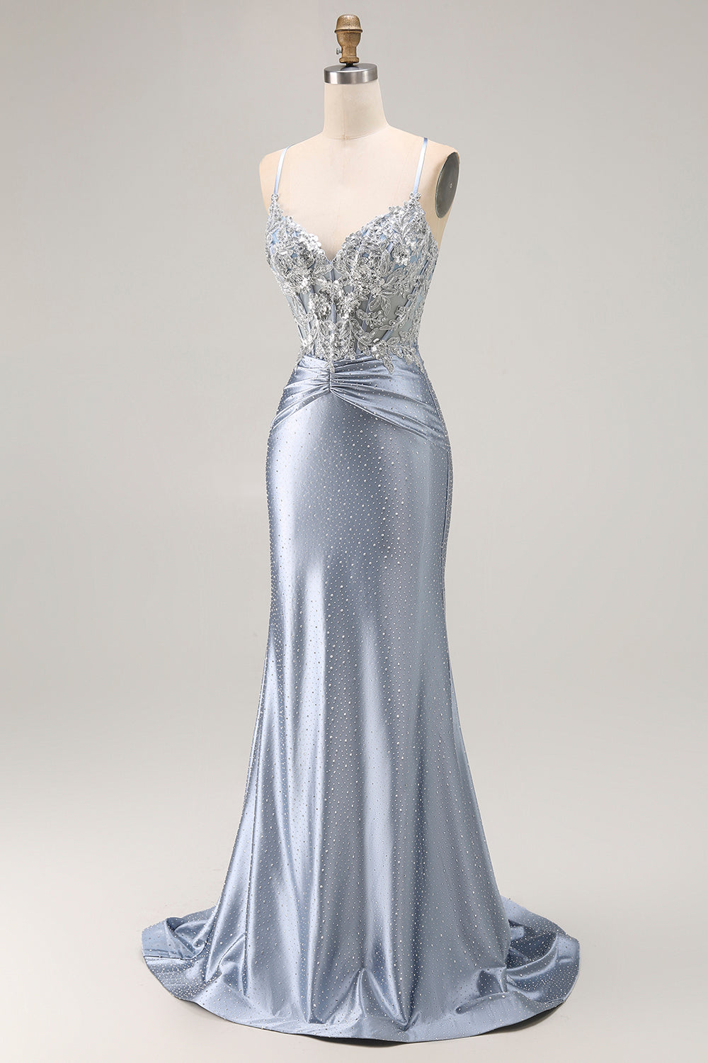 Grey Blue Corset Appliqued Mermaid Prom Dress