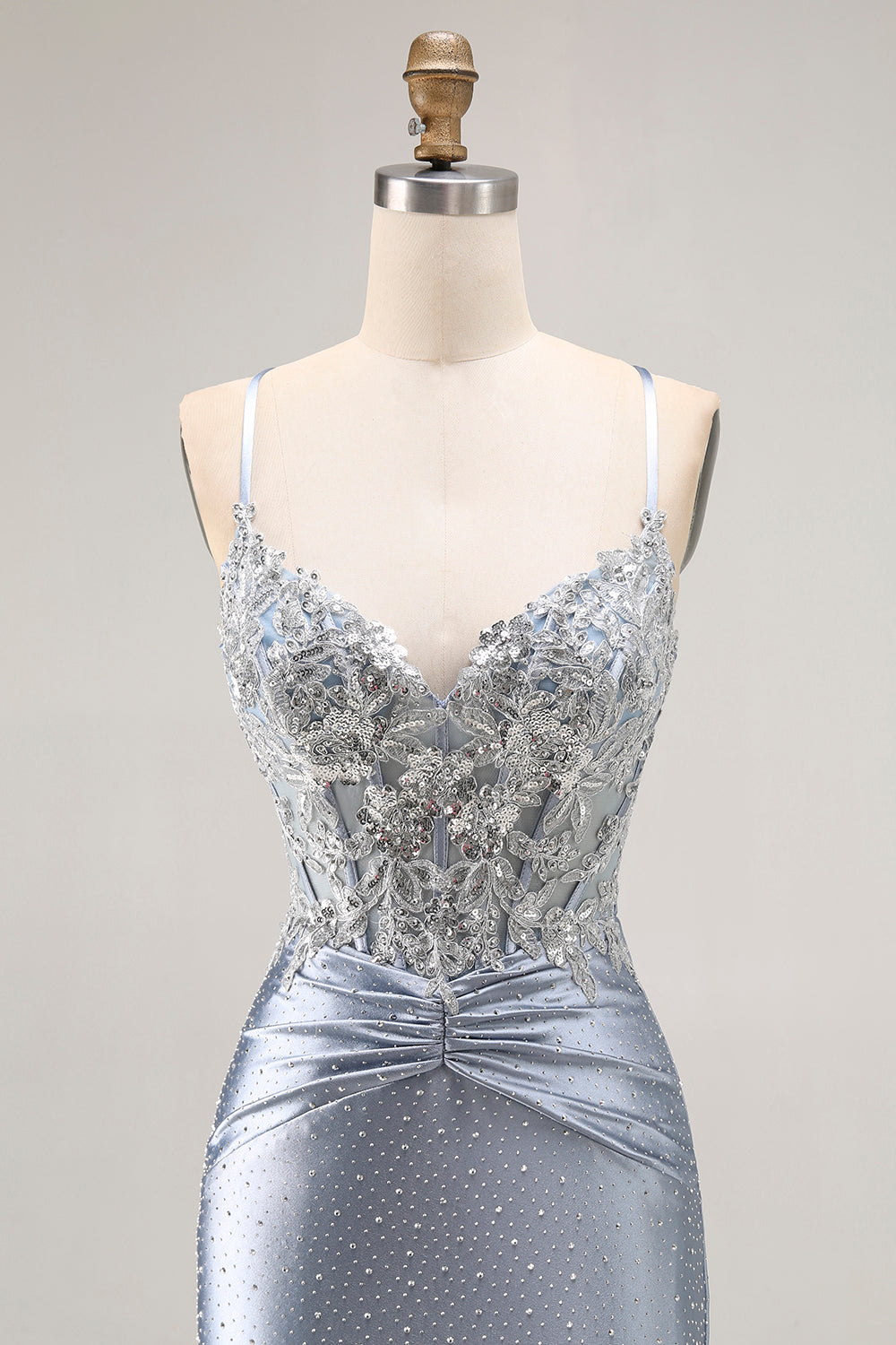 Grey Blue Corset Appliqued Mermaid Prom Dress