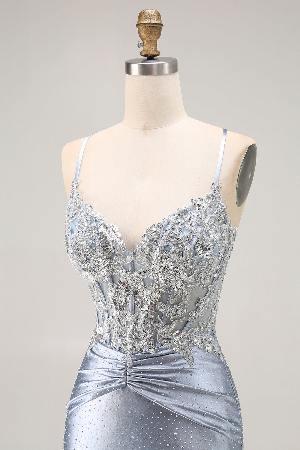 Grey Blue Corset Appliqued Mermaid Prom Dress