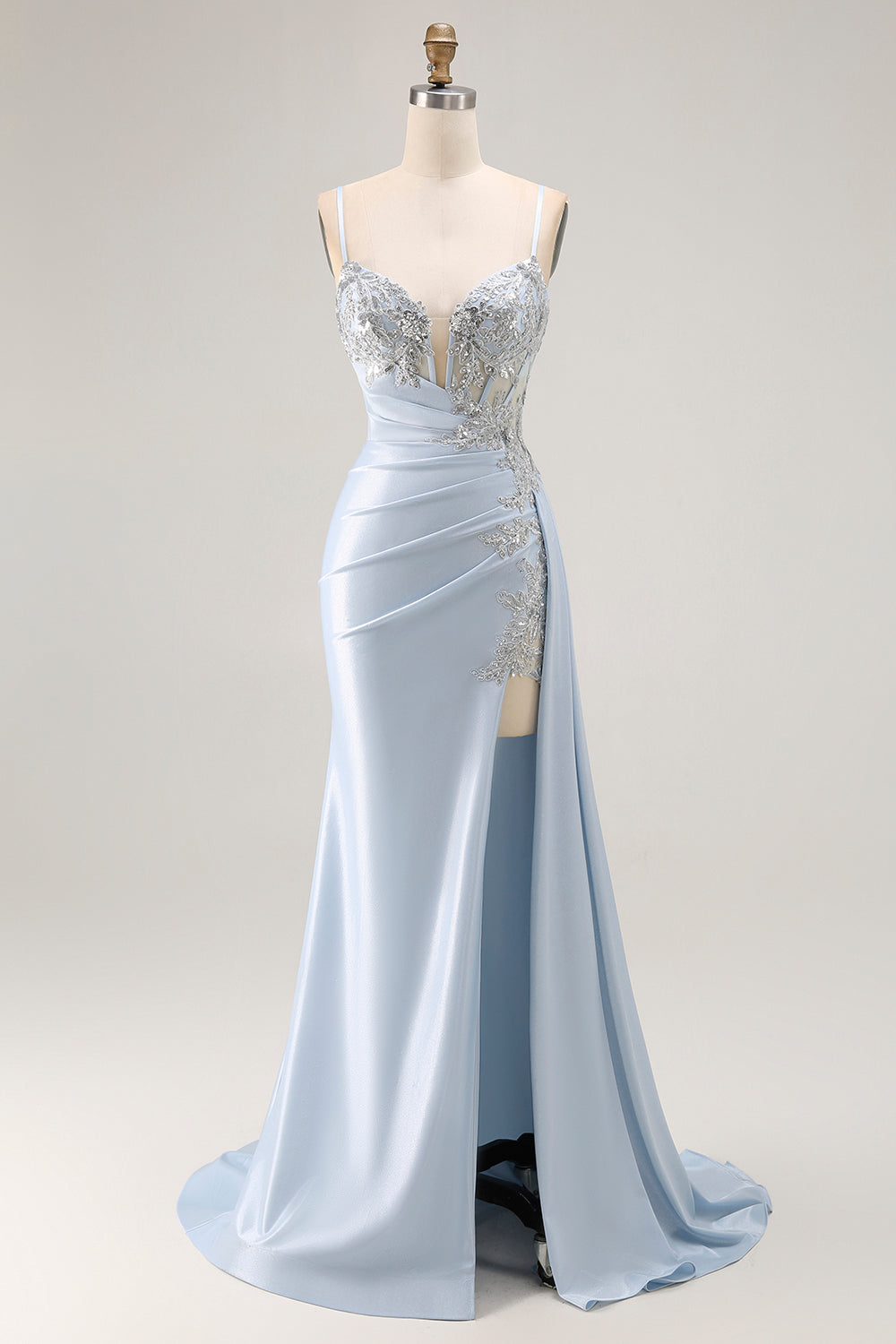 Appliqued Corset Mermaid Light Blue Prom Dress