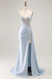 Appliqued Corset Mermaid Light Blue Prom Dress