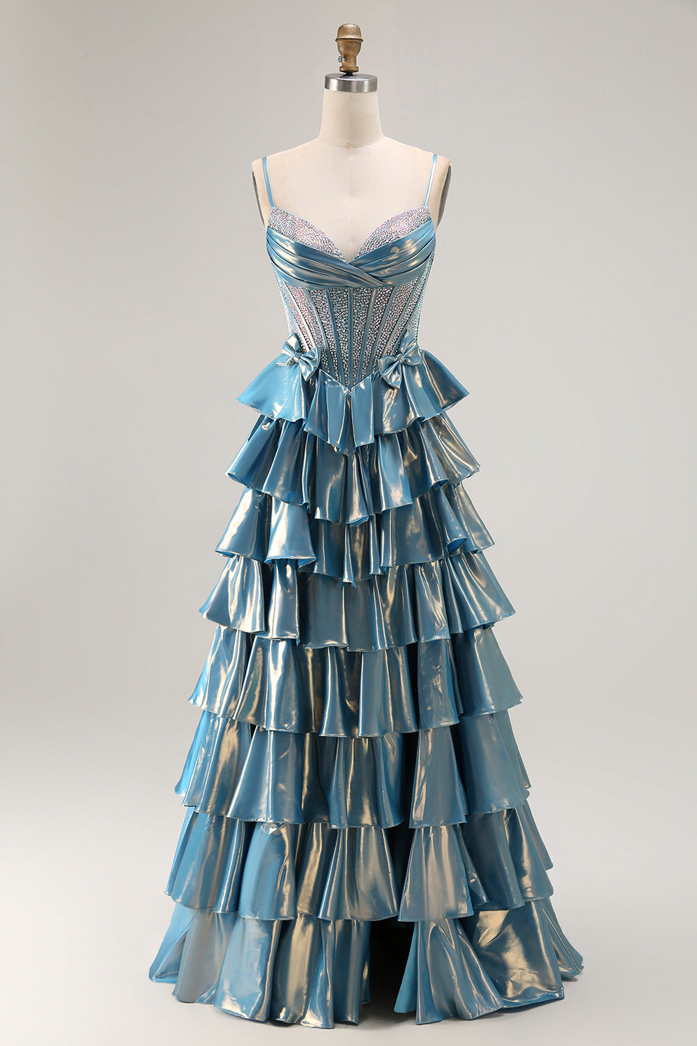 Tiered Corset A Line Metallic Blue Bowed Prom Dress