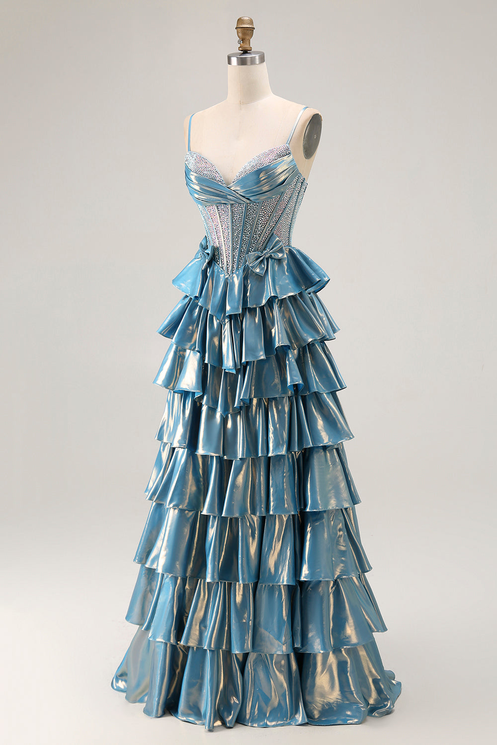 Tiered Corset A Line Metallic Blue Bowed Prom Dress