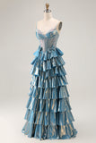 Tiered Corset A Line Metallic Blue Bowed Prom Dress