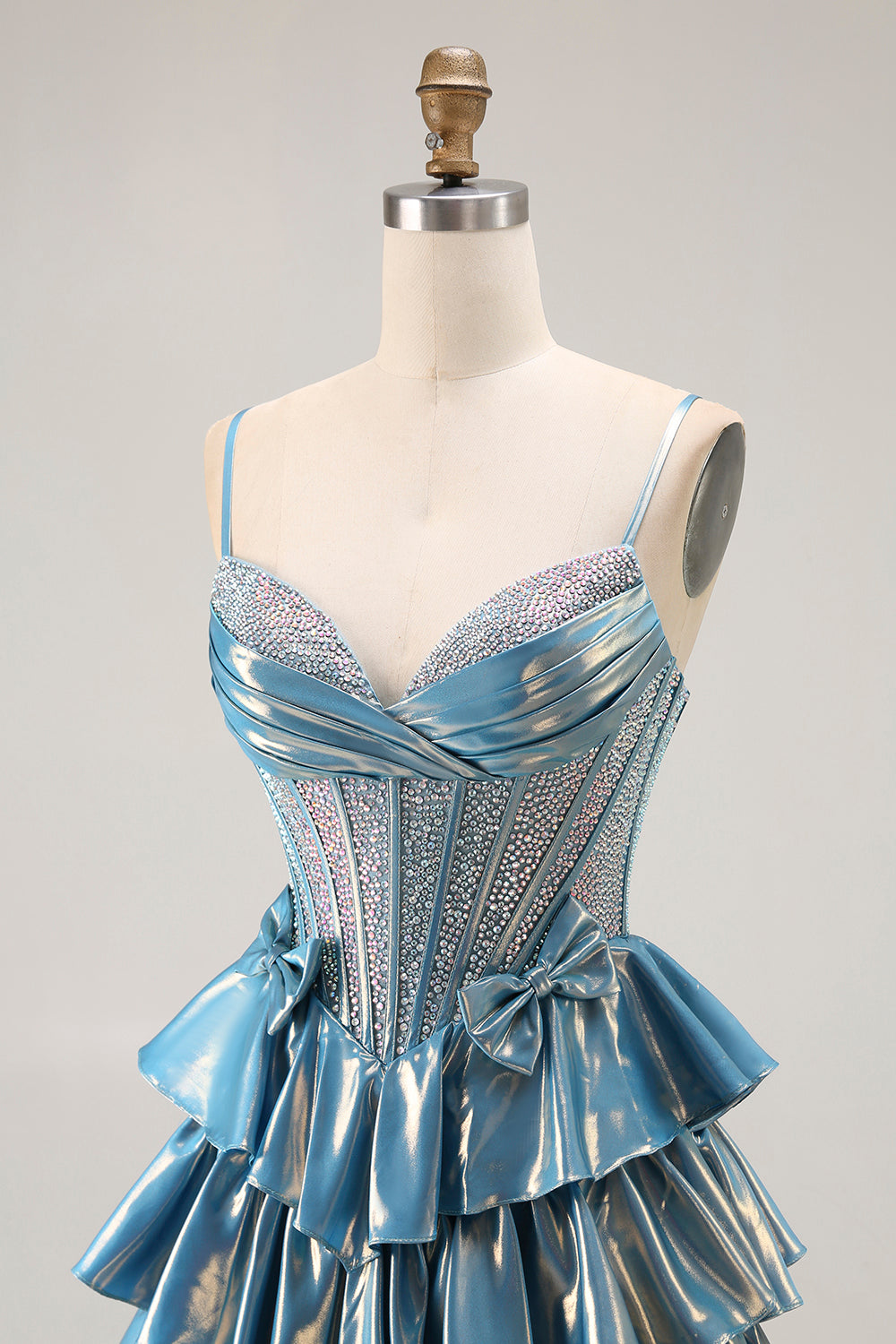 Tiered Corset A Line Metallic Blue Bowed Prom Dress