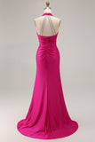 Fuchsia Halter Mermaid Ruched Prom Dress