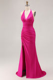Fuchsia Halter Mermaid Ruched Prom Dress