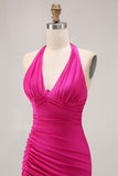 Fuchsia Halter Mermaid Ruched Prom Dress