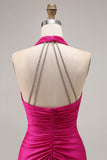 Fuchsia Halter Mermaid Ruched Prom Dress