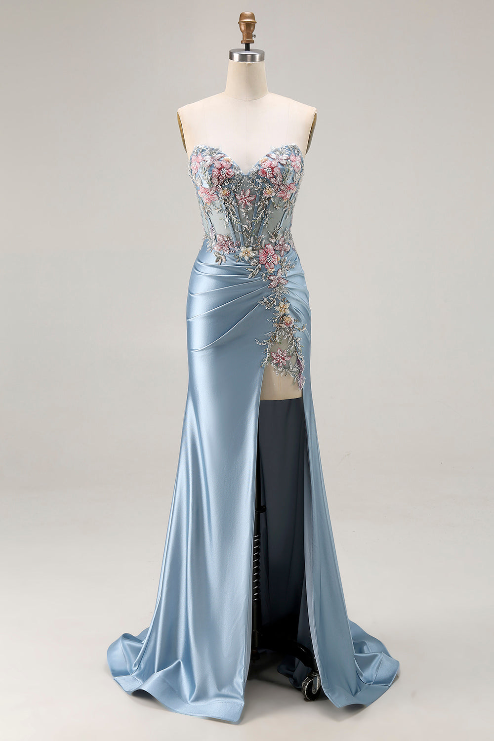 Strapless Corset Appliqued Mermiad Grey Blue Prom Dress