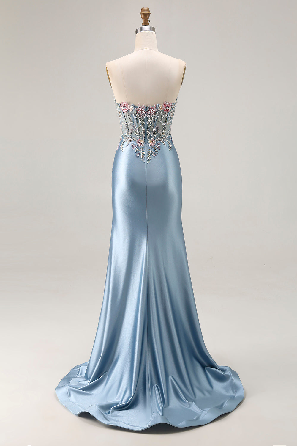 Strapless Corset Appliqued Mermiad Grey Blue Prom Dress