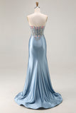 Strapless Corset Appliqued Mermiad Grey Blue Prom Dress