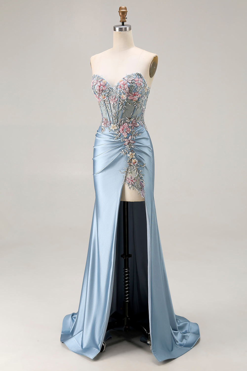 Strapless Corset Appliqued Mermiad Grey Blue Prom Dress