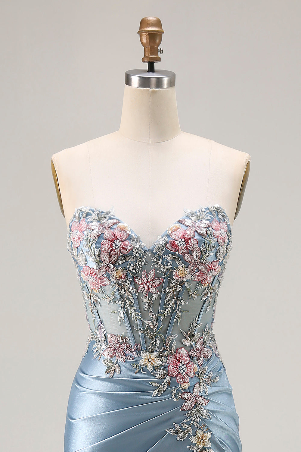 Strapless Corset Appliqued Mermiad Grey Blue Prom Dress