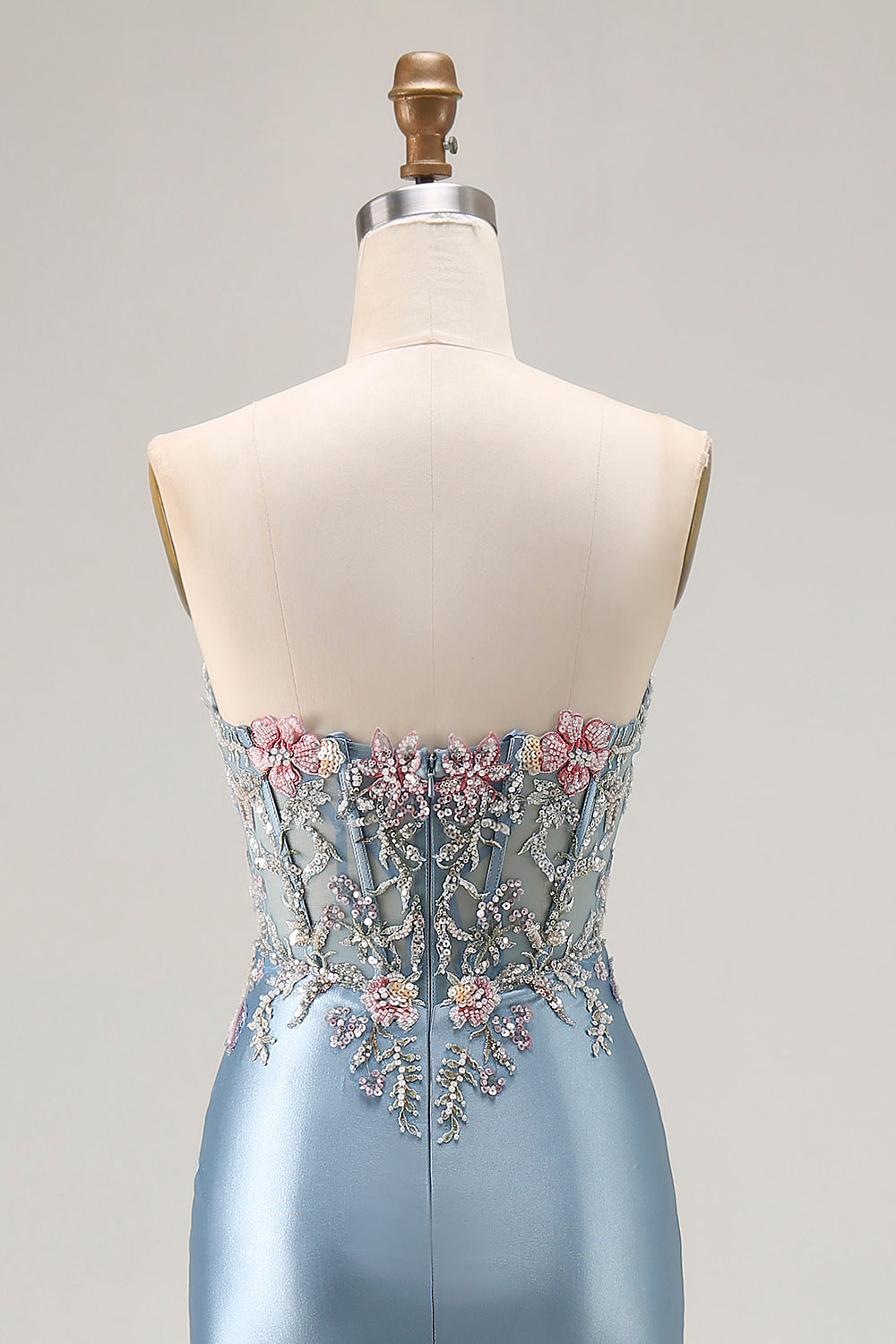 Strapless Corset Appliqued Mermiad Grey Blue Prom Dress