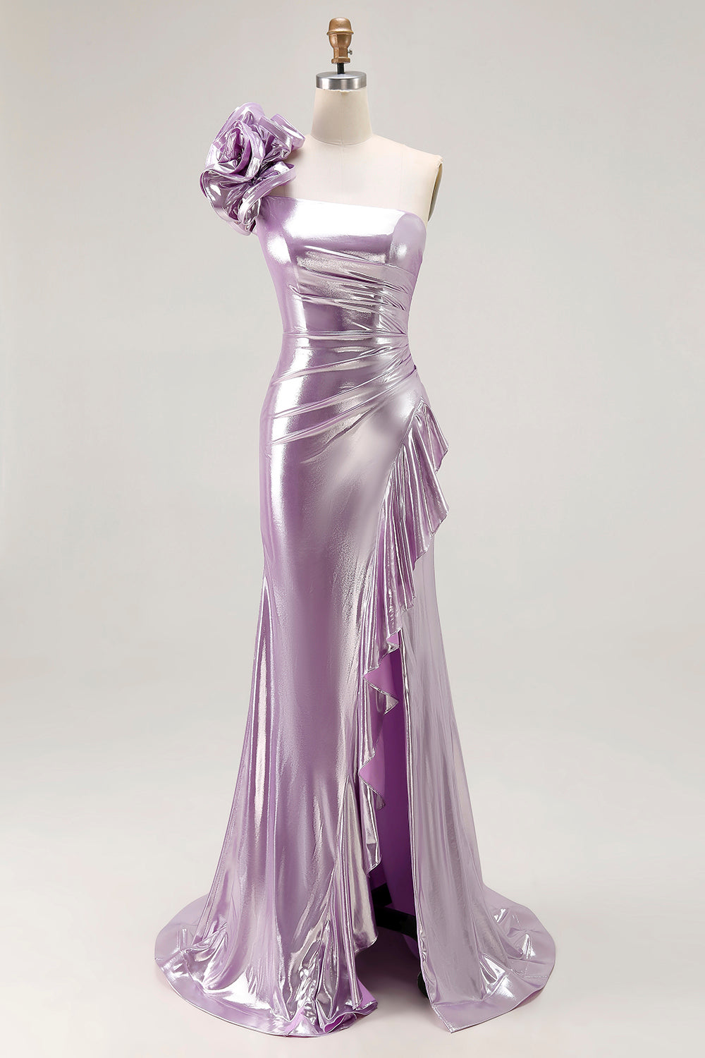 One Shoulder Light Purple Mermiad Ruffled Prom Dress