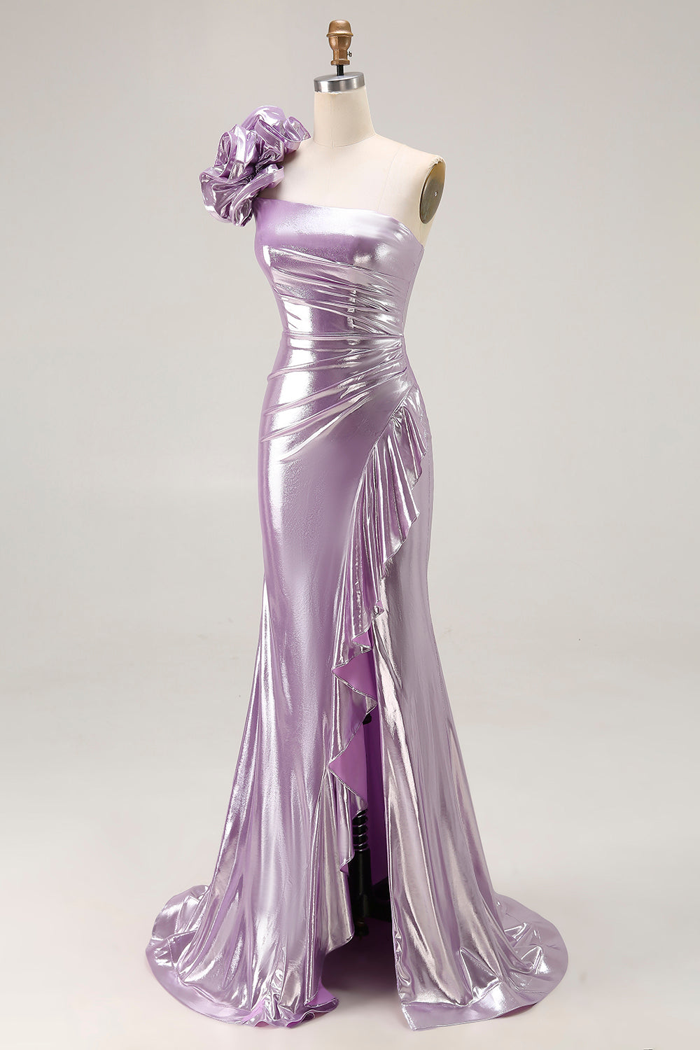One Shoulder Light Purple Mermiad Ruffled Prom Dress
