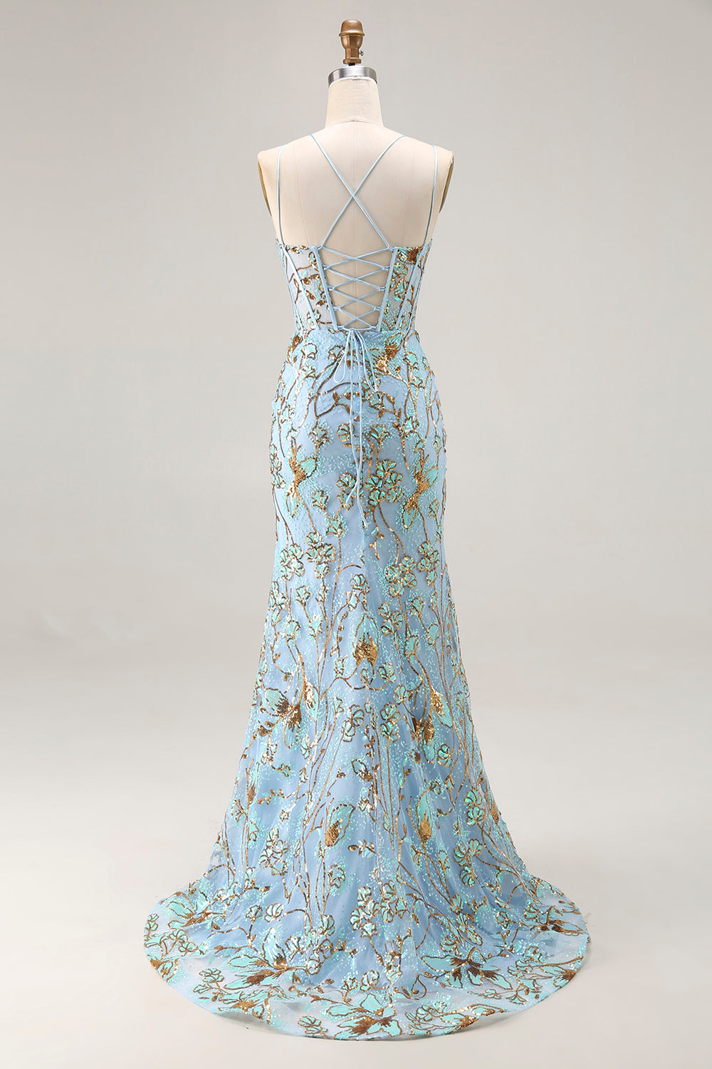 Lake Blue Appliqued Spaghetti Straps Mermaid Prom Dress