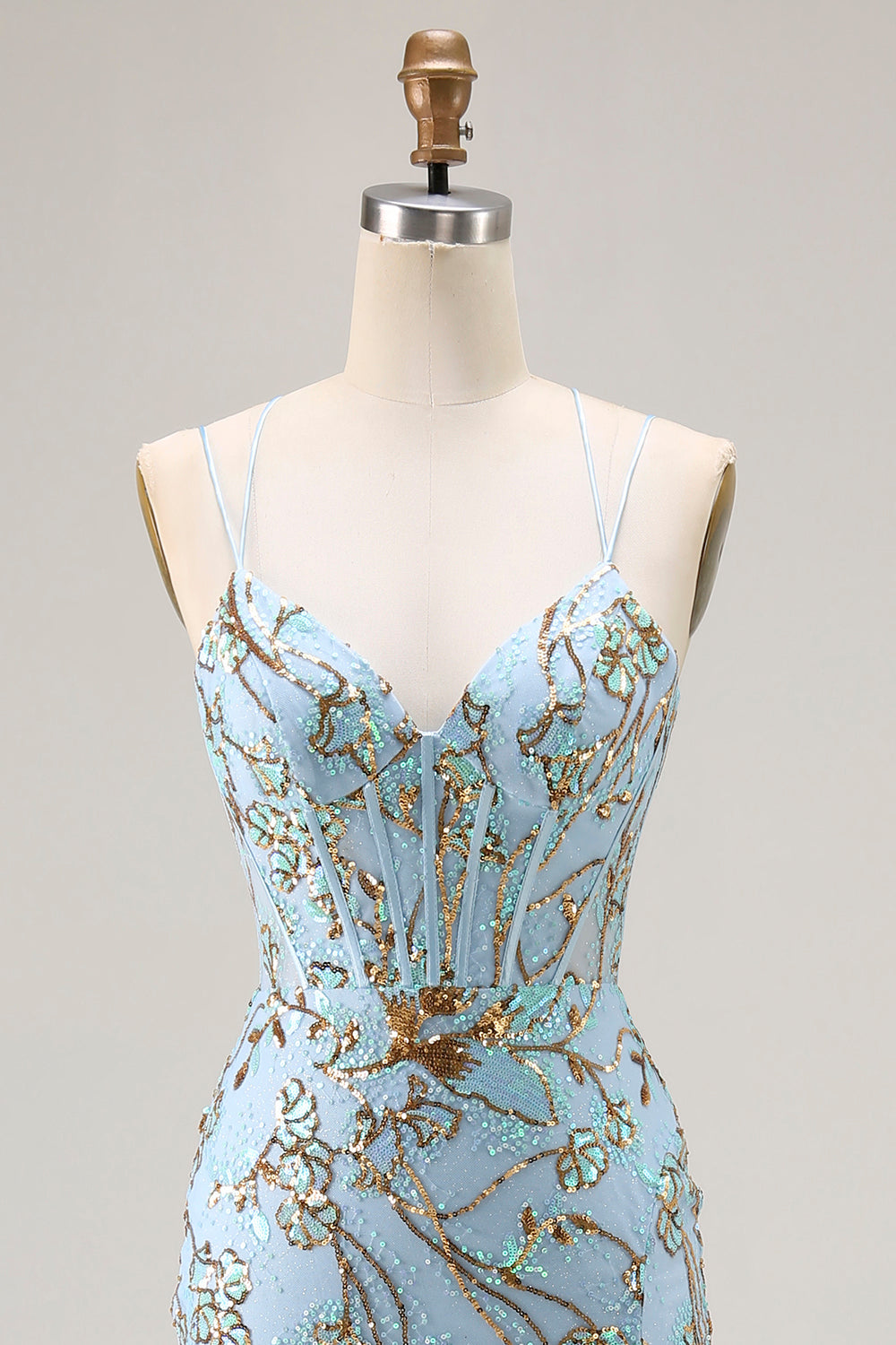 Lake Blue Appliqued Spaghetti Straps Mermaid Prom Dress