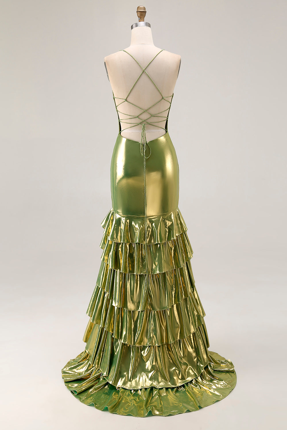 Gold Tiered Fitted Spaghetti Straps Prom Dress