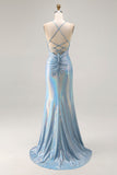 Light Blue Mermaid Ruched Beaded Prom Dress