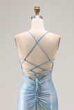 Light Blue Mermaid Ruched Beaded Prom Dress