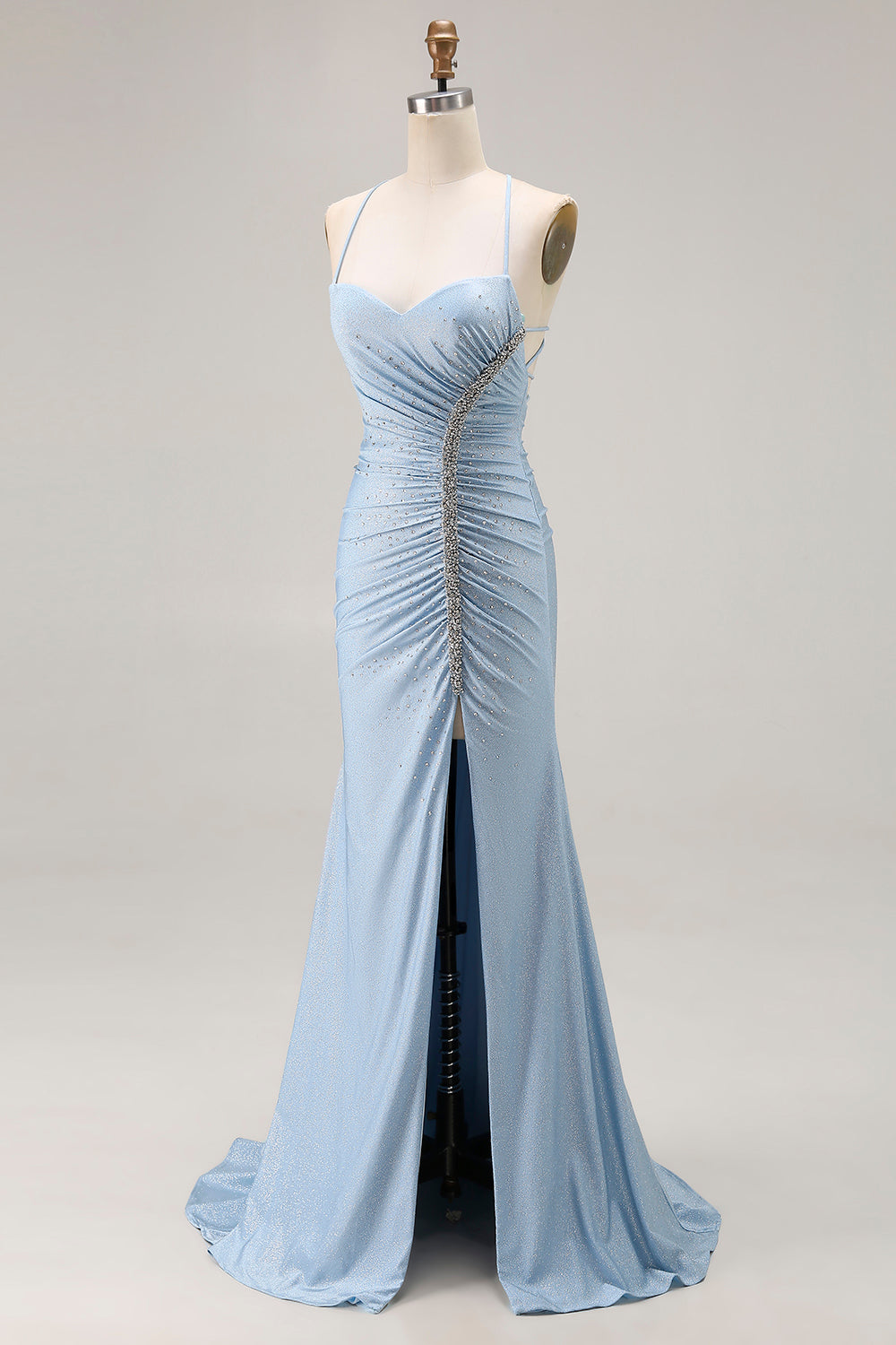 Mermaid Light Blue Beaded Spaghetti Straps Prom Dress