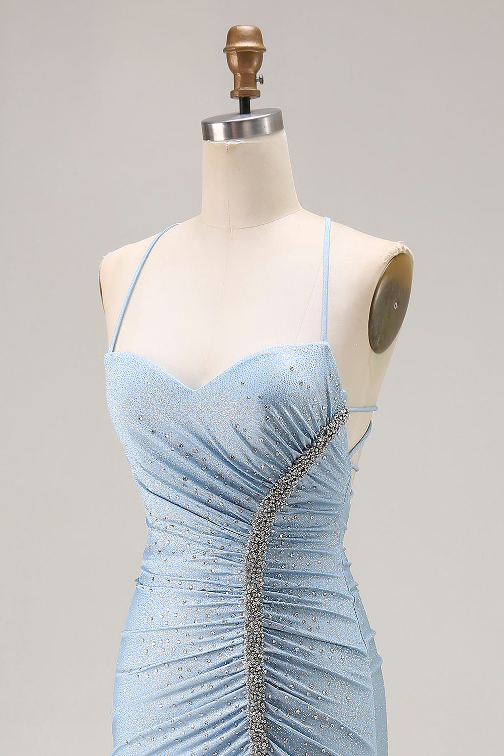 Mermaid Light Blue Beaded Spaghetti Straps Prom Dress