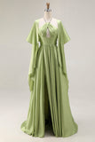Halter Cut Out A Line Sage Green Prom Dress with Cape