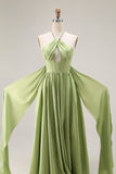 Halter Cut Out A Line Sage Green Prom Dress with Cape