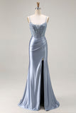Grey Blue Corset Satin Mermaid Prom Dress