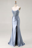 Grey Blue Corset Satin Mermaid Prom Dress