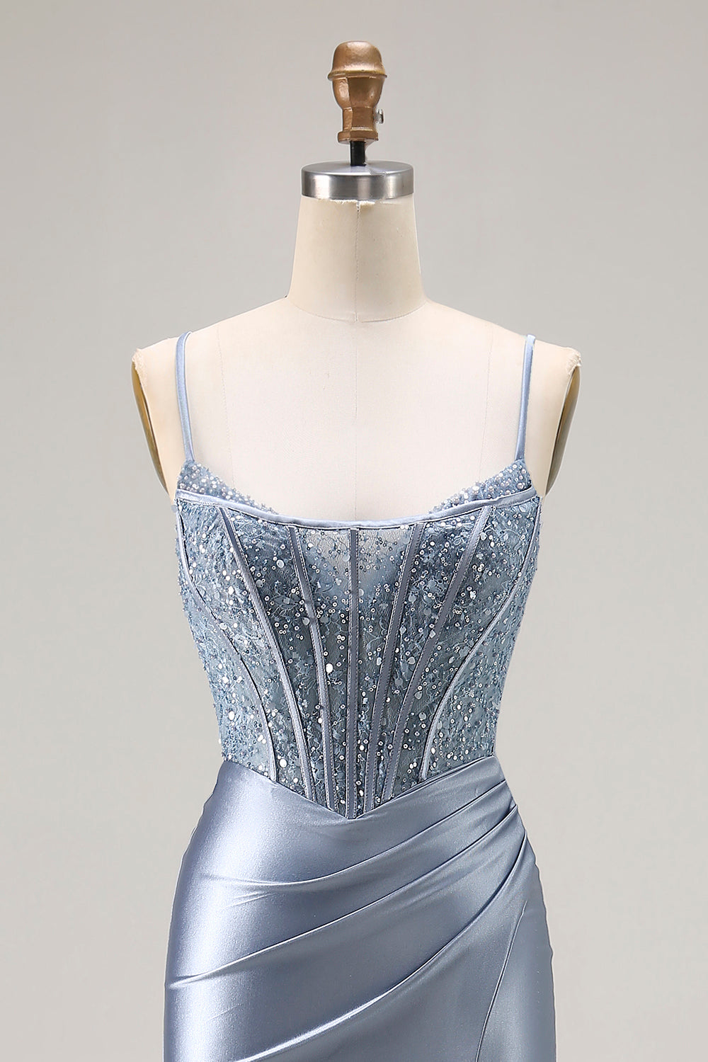 Grey Blue Corset Satin Mermaid Prom Dress