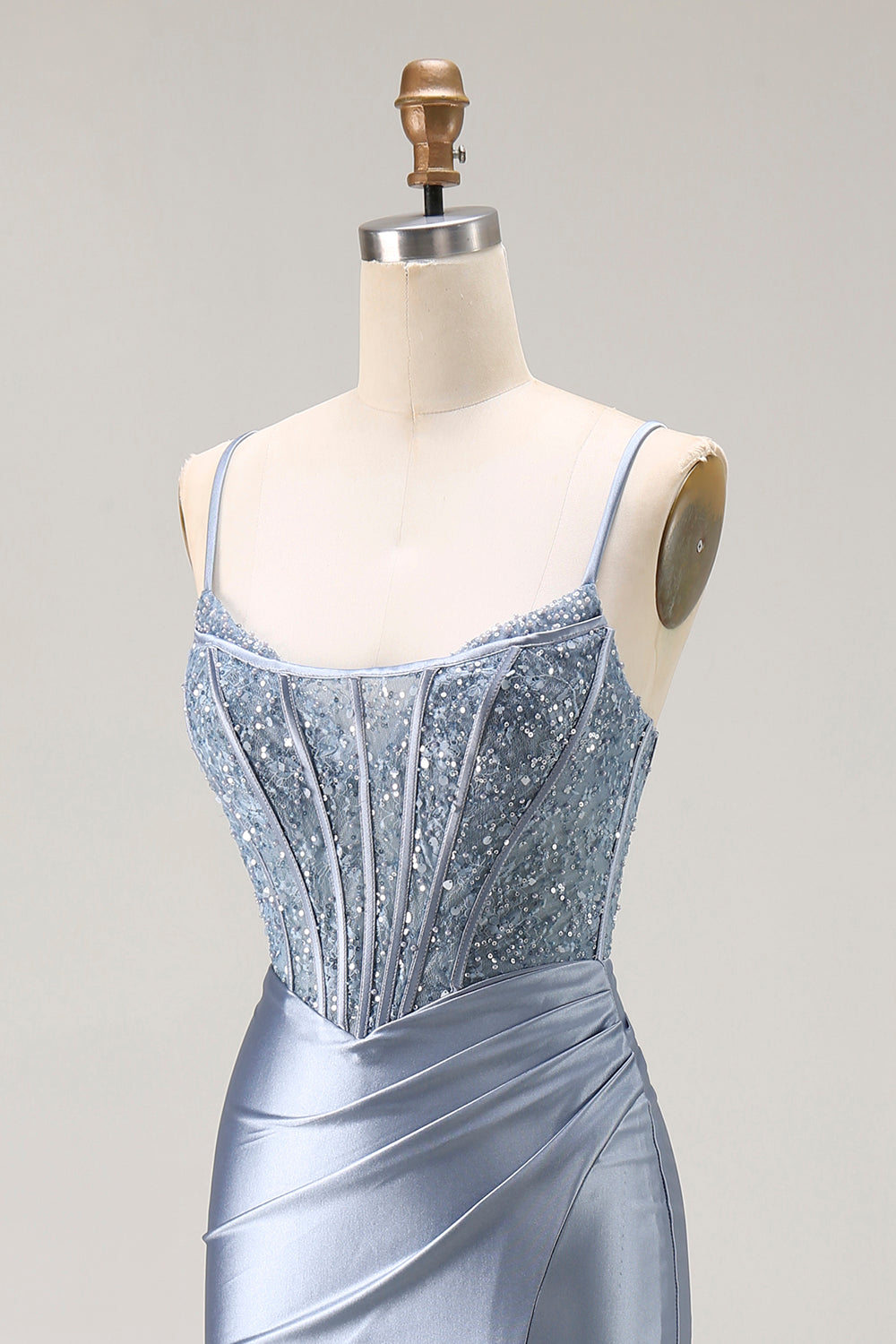Grey Blue Corset Satin Mermaid Prom Dress