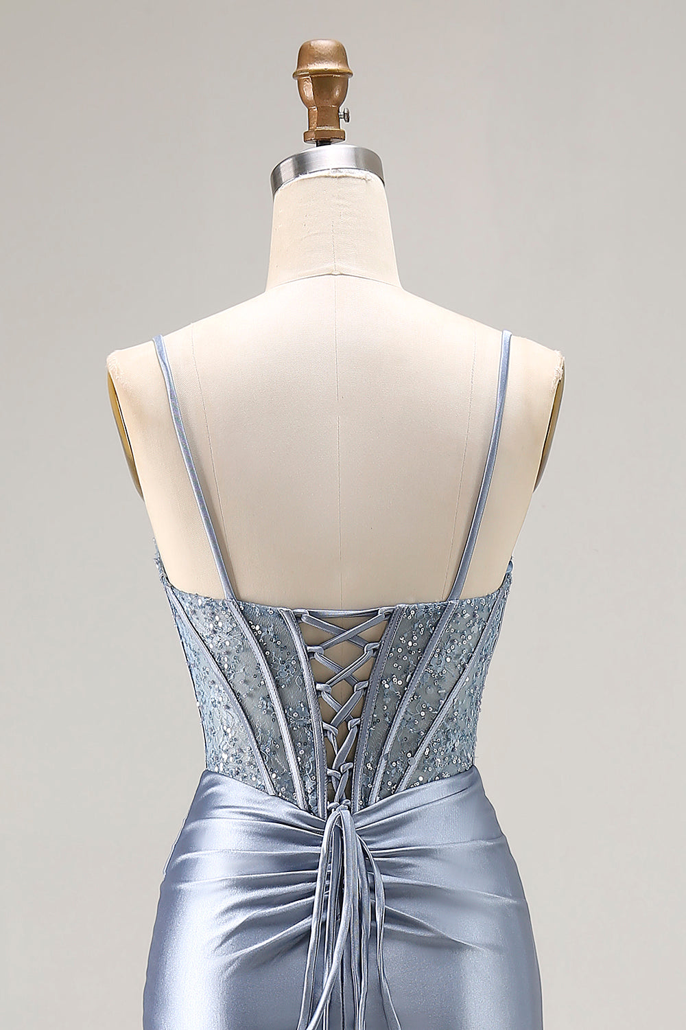 Grey Blue Corset Satin Mermaid Prom Dress