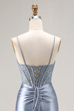 Grey Blue Corset Satin Mermaid Prom Dress