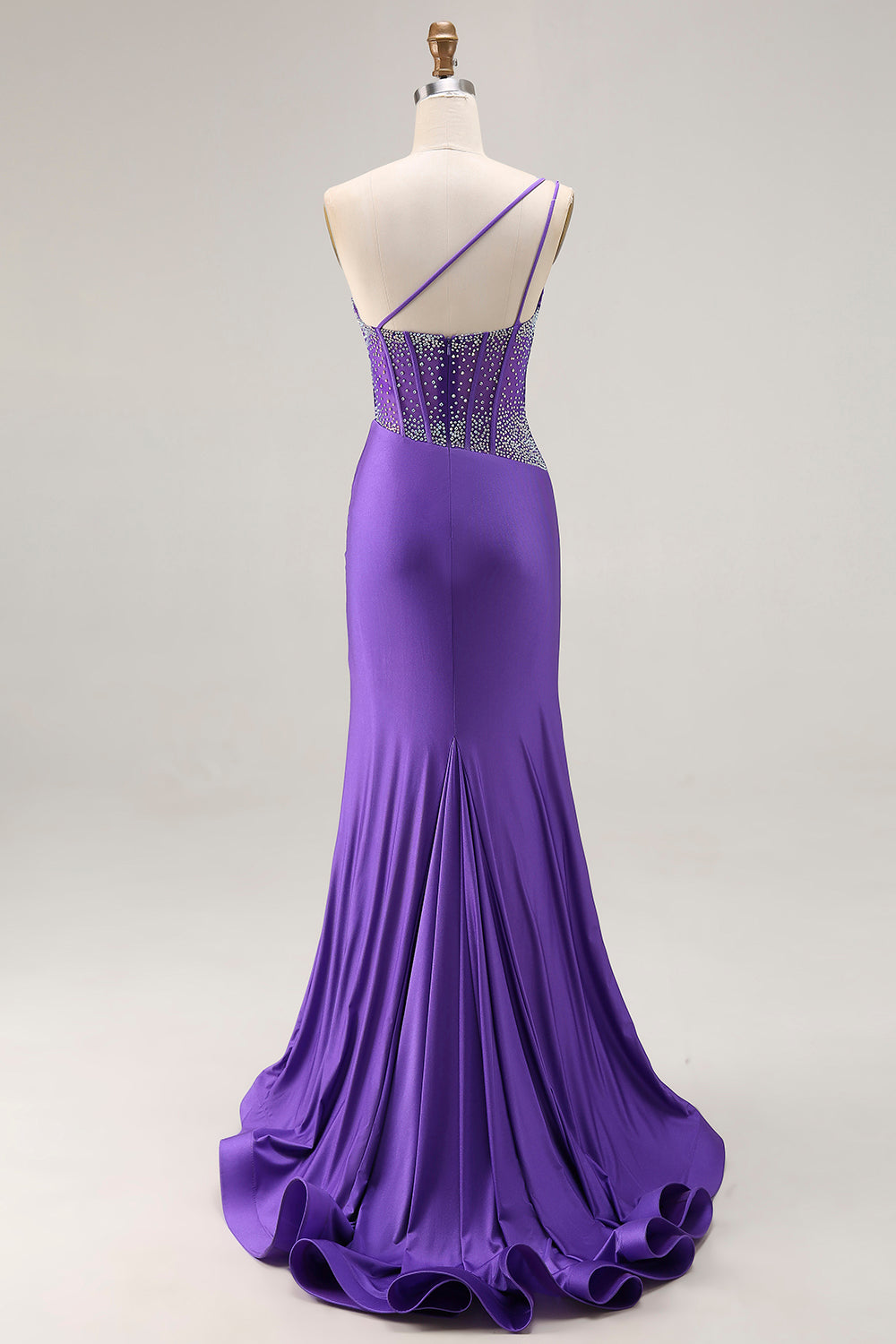 One Shoulder Dark Purple Mermaid Corset Beaded Prom Dress