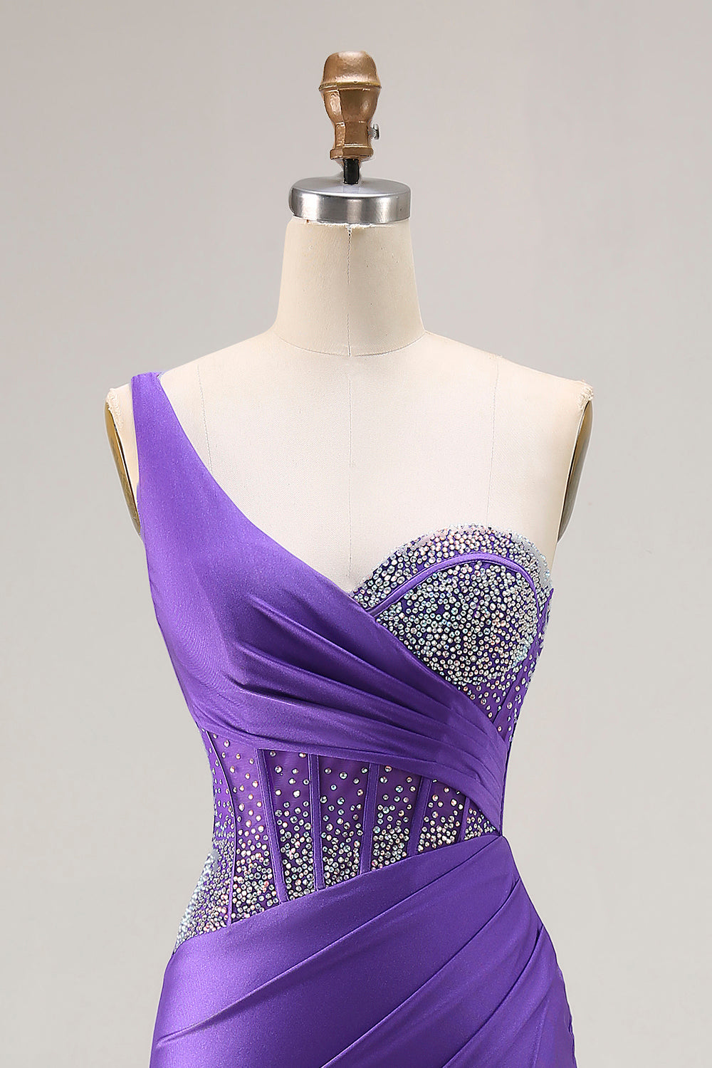 One Shoulder Dark Purple Mermaid Corset Beaded Prom Dress