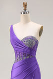 One Shoulder Dark Purple Mermaid Corset Beaded Prom Dress
