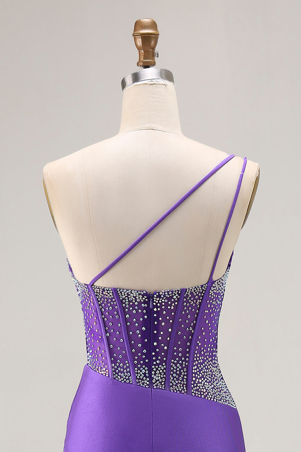 One Shoulder Dark Purple Mermaid Corset Beaded Prom Dress