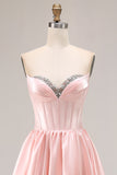 Blush Strapless A Line Corset Satin Prom Dress