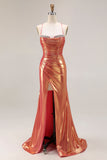 Spaghetti Straps Ruched Mermaid Orange Prom Dress
