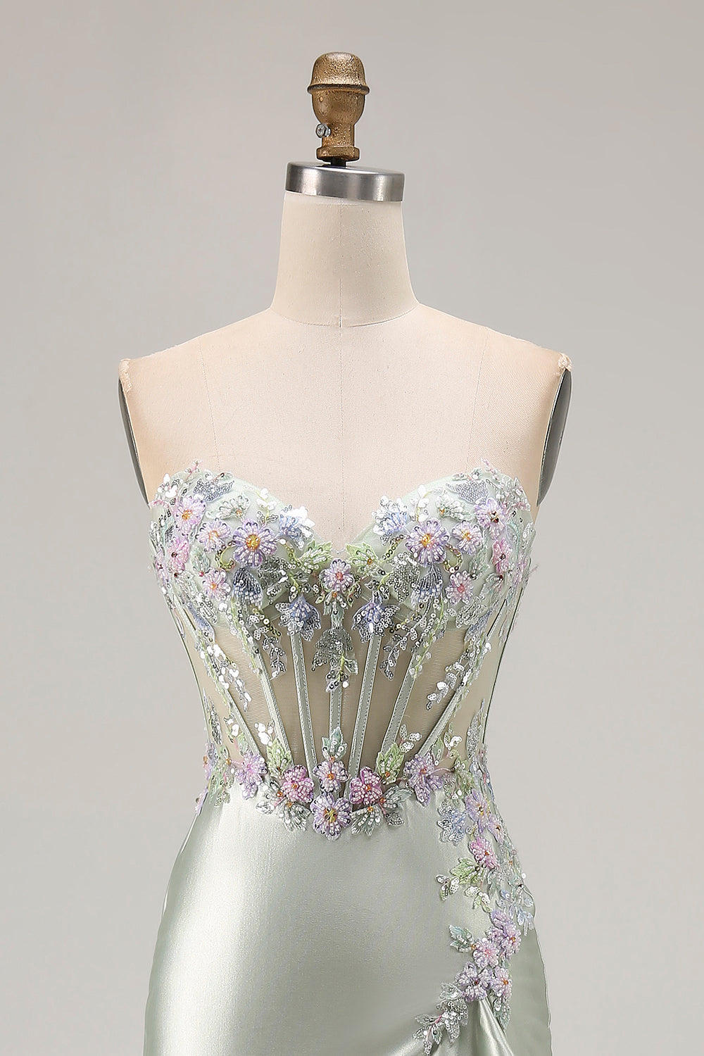 Strapless Appliqued Corset Ruffled Dusty Sage Prom Dress