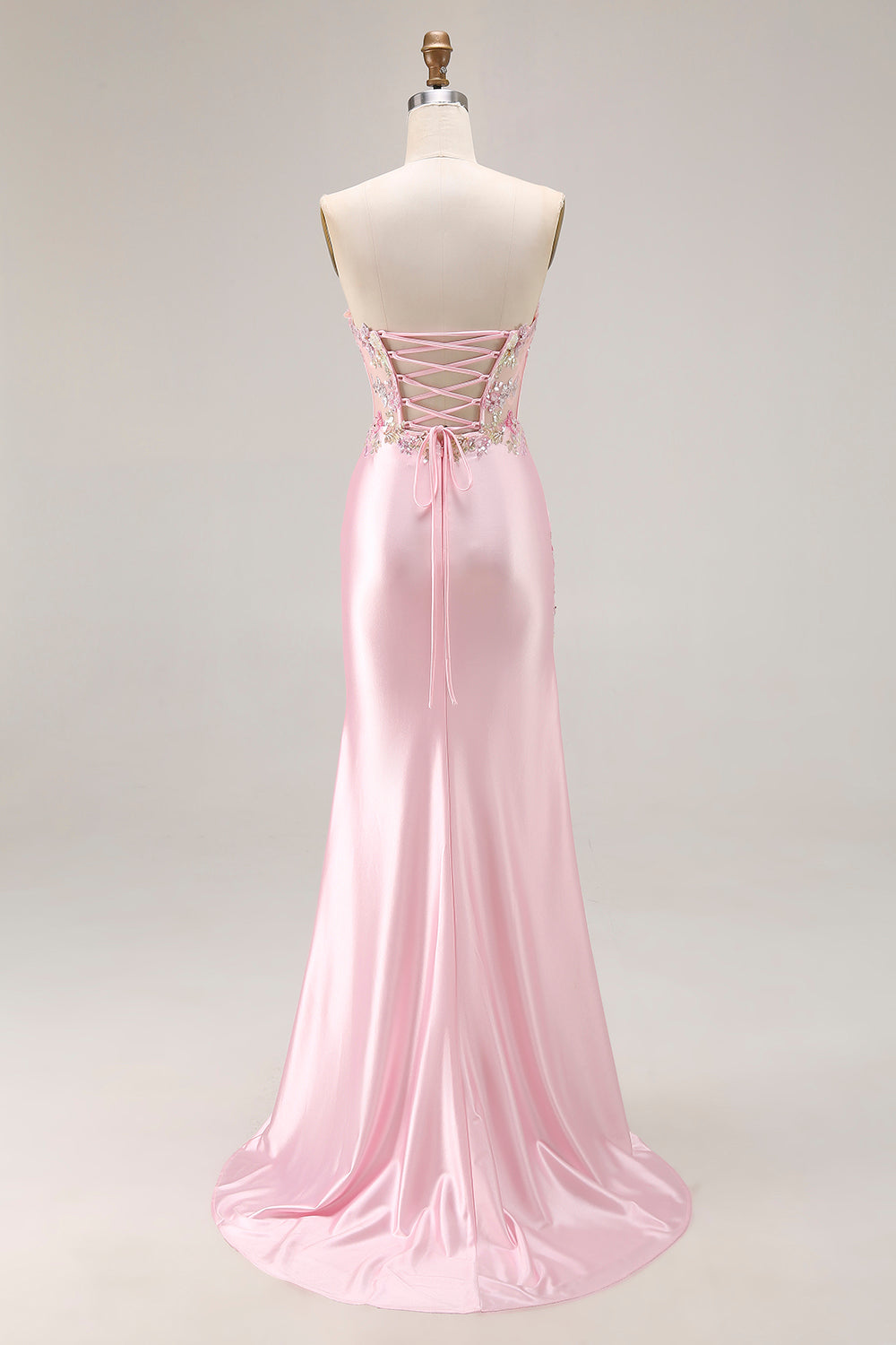 Strapless Pink Corset Appliqued Satin Prom Dress