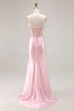 Strapless Pink Corset Appliqued Satin Prom Dress