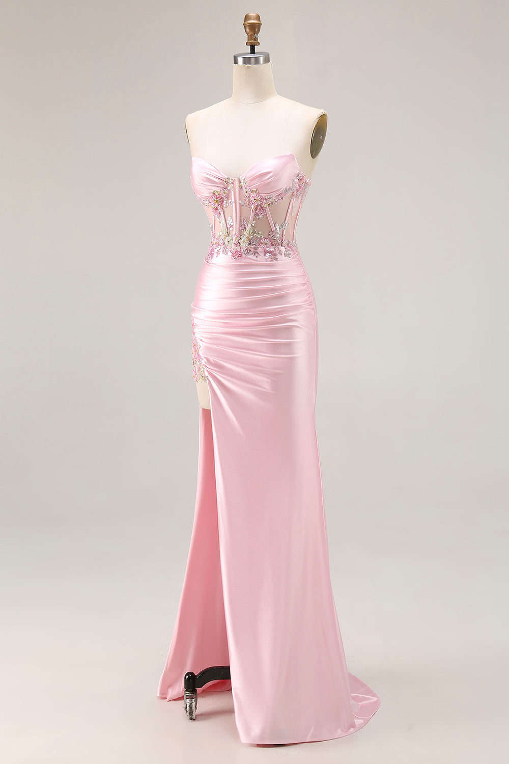 Strapless Pink Corset Appliqued Satin Prom Dress