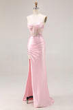 Strapless Pink Corset Appliqued Satin Prom Dress
